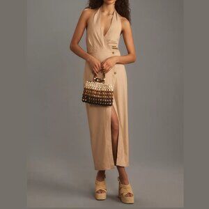 By Anthropologie Linen Halter V-Neck Column Midi Dress Brown Large